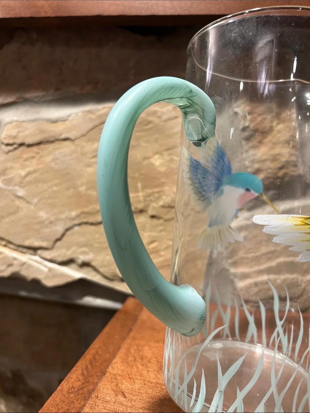Hand-Painted Glass Pitcher with Colorful Hummingbirds